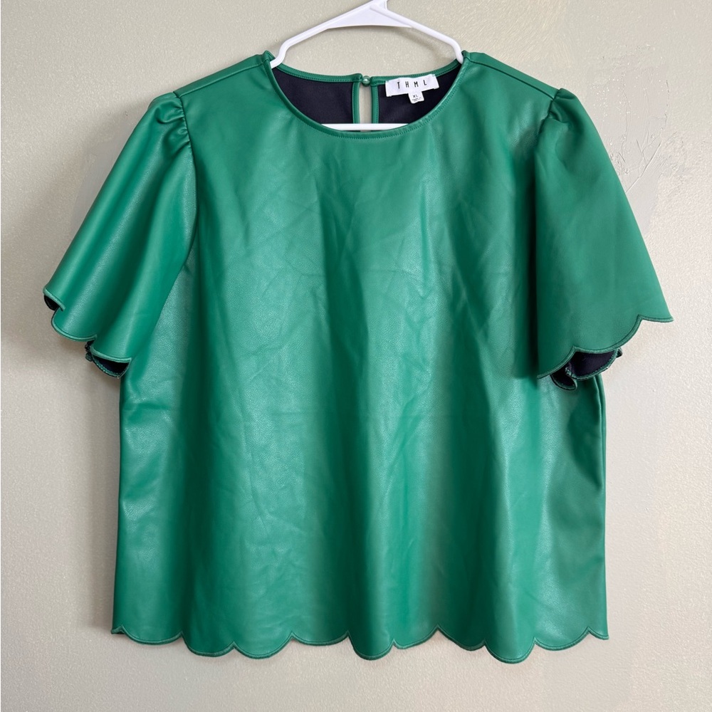 THML Anthro Green Scalloped Sleeve Faux Leather Top XL